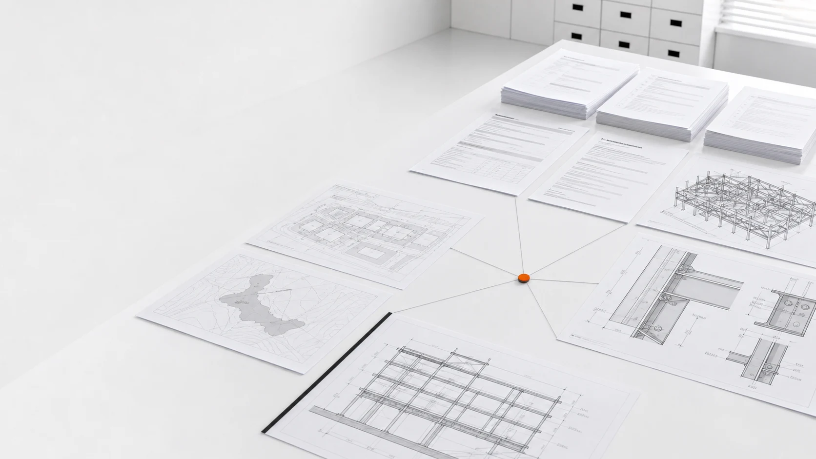 Construction consent notices, structural steel drawings, site plans, tier maps and building-section records converging on an orange decision node